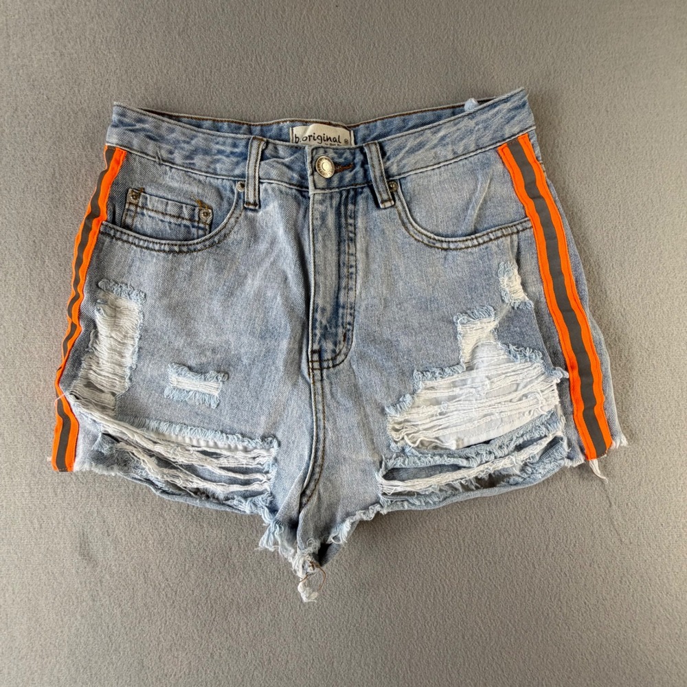 Y2K Denim Cutoff Shorts Women's M Light Wash Distressed Orange Stripe Festival